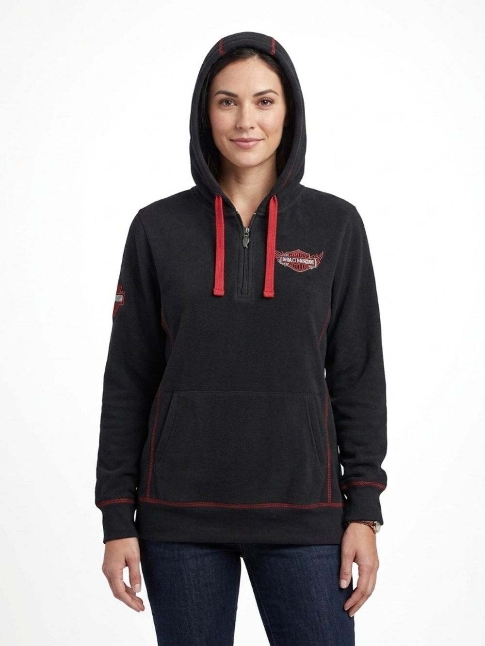 Harley-Davidson Women's XL Black Quarter Zip Hoodie Red Stitching Wings